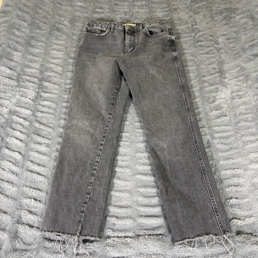 Free People High Rise Straight Leg Jeans Washed Black Gray Raw Hem Size 29